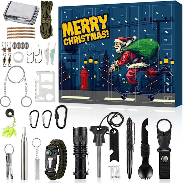 Överlevnadskit Adventskalender 2024 Vuxna Män, 24 Dagars Julnedräkning Kalender Tonårspojkar med Coola Prylar för Camping