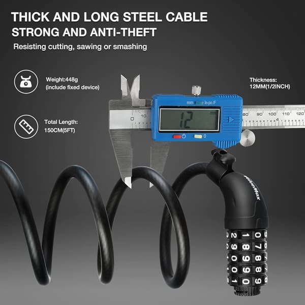 Cykellås Kabel 150CM x 12MM med 5 Cifret Smart Kode, Lang Cykel