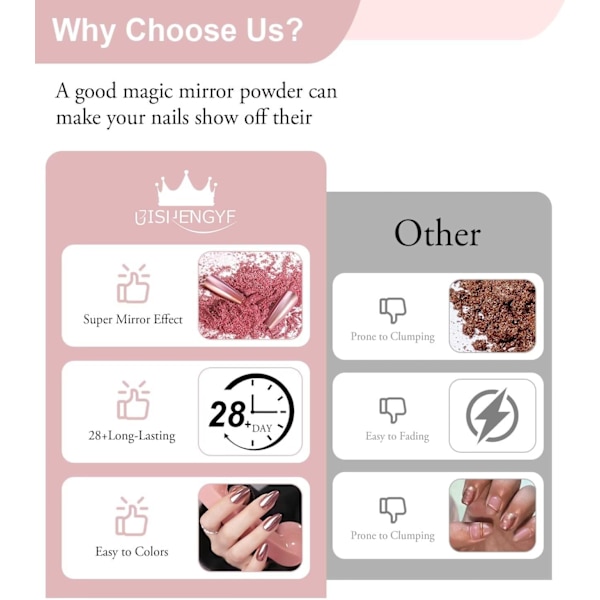 6 burkar roséguld nagelpulver krom effekt spegel metallisk glänsande pulver krom nagelpigment