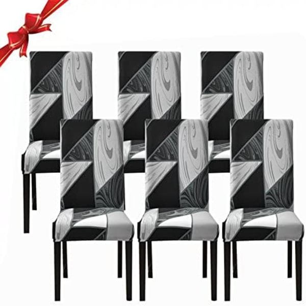 6-pak elastiske spisebordsstoler (geometrisk svart, 6-pak), Uni
