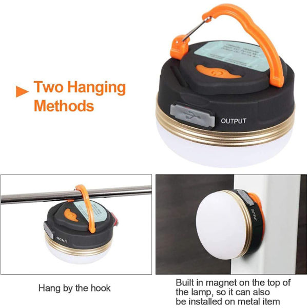 Campinglys Lanterne LED Lampe USB Oppladbar Vanntett 3 Moduser D
