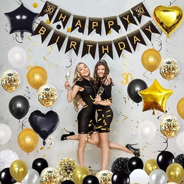 30 år gammal födelsedagsfestdekorationer i svart guld, 30 ballonger