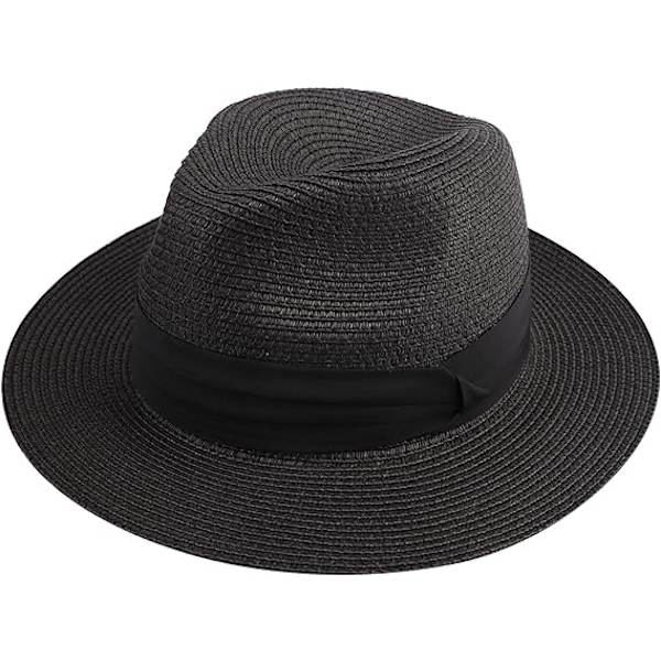Dame Mænd Halm Hat Panama Hat Sommer Bred Skygge Sol Hat Anti-UV til Strand Rejse Sol Hat (Black）