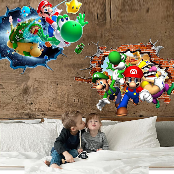 Kaksi osainen setti 70×50cm Seinätarra Mario ratsastaa dinosauruksella+Seinätarra Mario kerää kaikki Seinätarrat, Super Mario Seinä D