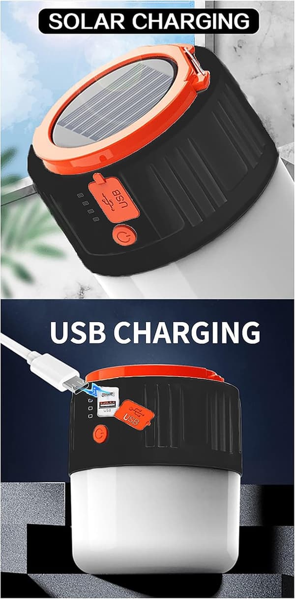 Svart Ladbar Solcellelykt, USB LED Campinglykt H