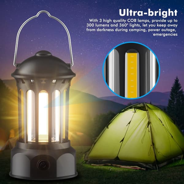 Svart LED Campinglykta, Set om 2 Retro Drivna Campinglampor F