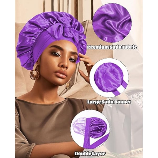 Satin Bonnet Siden Bonnet för Sovning Siden Nattmössa Dubbellager Hårmössa med Elastiskt Band för (Dark Purple+light Purple)