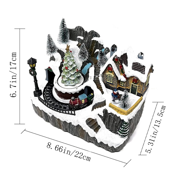 Harpiks Julelandsby Hus med Tog, Julehus Samlefigur med LED Lys (Juletræ) E