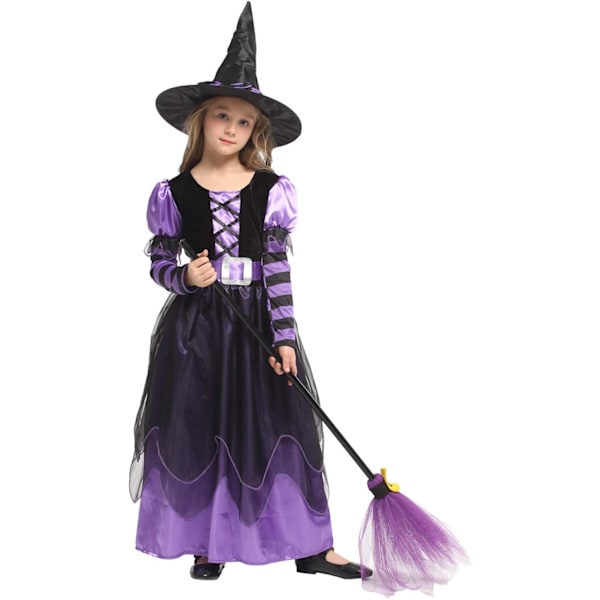 Heks Kostyme for Jenter - Halloween Kostyme med Hatt og Belte Barnas Karneval Cosplay (XL, 130-1