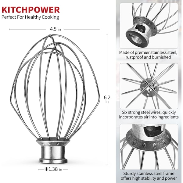 KitchenAid N249 whisky 4.5QT tilbehør til K45, rustfri stål æggepisker mixer