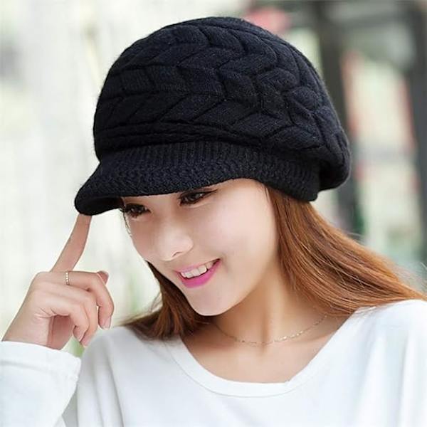 Wear 2-pak A-sort sort og vinrød vinter varm strikket hue Slouchy Beanie Cap med skygge