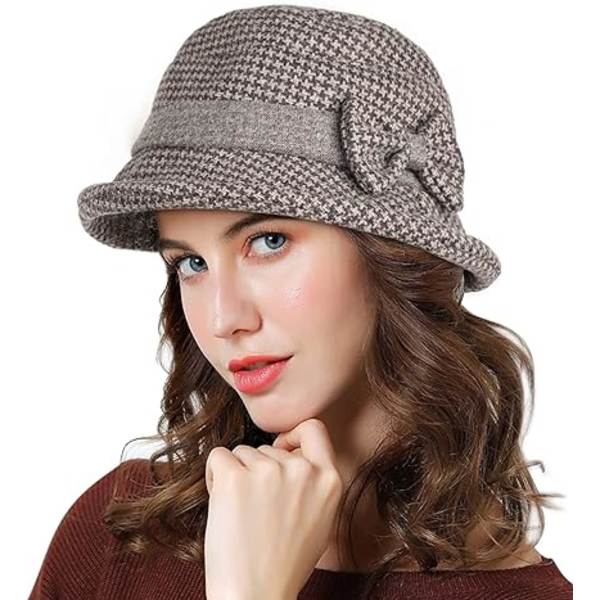 Dame Bowler Hat med Roll-Up Krem Vinter Retro Cloche Hat wit
