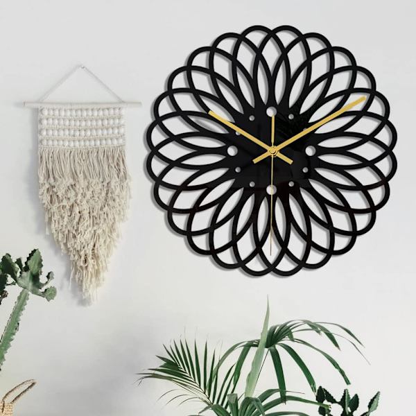 （blommönster）Svart rund väggklocka DIY tyst modern design väggklockor lämplig för sovrum vardagsrum kontor konstdekoration