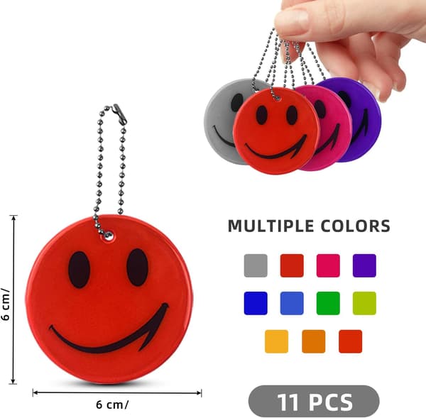 Pakke med 11 reflekterende Smiley-vedhæng, sikkerhedsreflektor, børns refleks