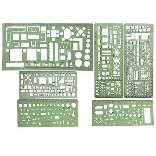 Arkitektoniske tegnemaler, 6 stk. sett, gjennomsiktig grønn måle