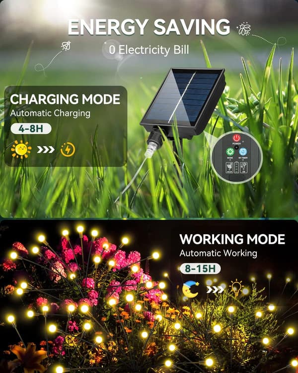 1（Varm hvit）Hage lys, Solar Firefly Lights, 8 LED IP65 Vanntett, Solar Utendørs Lig