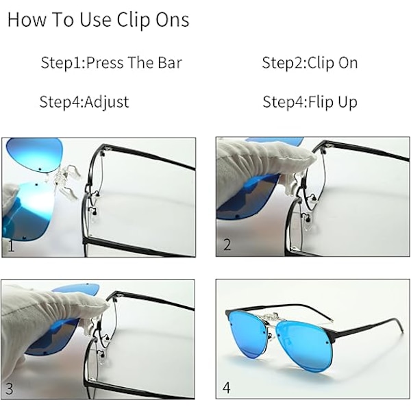 Blå polariserade clip-on solglasögon - Antireflex pilotglasögon för kvinnor och män med fällbara ramlösa clips