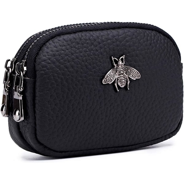 (Black)Genuine Leather Double Zipper Coin Purse Bee Change Pouch Credit Card Holder