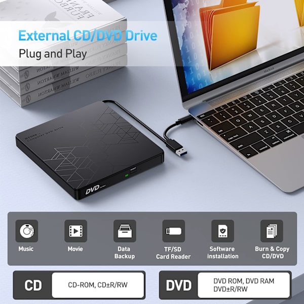 Bærbar DVD-afspiller USB 3.0-brænder eksternt CD-drev til bærbar computer