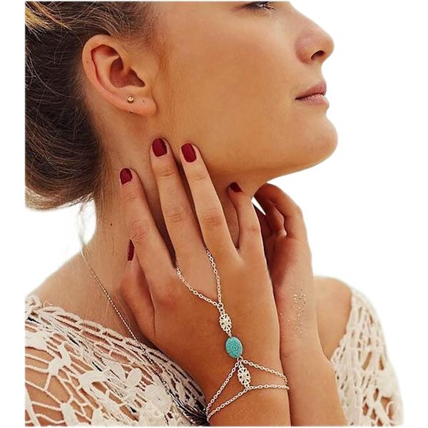 Flerskiktad fingerarmband silver turkos finger ring armband turkos slavkedja armband strand R