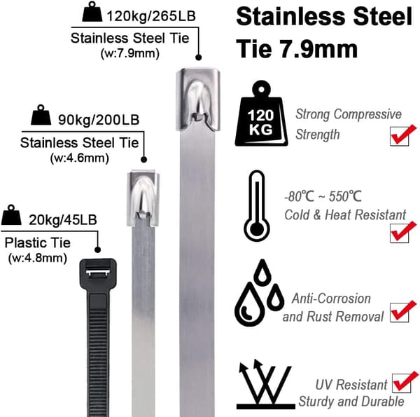 Metal Kabelbindere 100 * 7,9mm, Rustfrit Stål Kabelbinder Sølv Tung