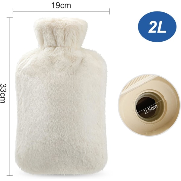 Hot Water Bottle 2 Liters with Natural Rubber and Faux Fur Cover,