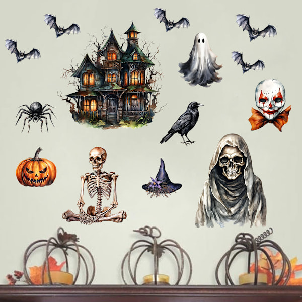 2024 Halloween græskar kranie slot krage flagermus vægklistermærke H