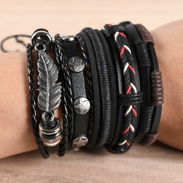 Armbandset för män - Pärlor, Läder, Flätat Rep, Flerskikts B