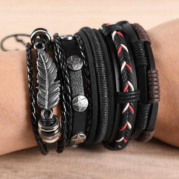 Mænds Armbåndssæt Perler Læder Strandet Multilayer Flettet Reb B