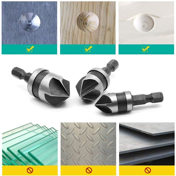 3-pack 90 Graders 5-flöjts Fasbits Set för Trä, Metall Snabbbyte 1/4\" Hex Fasborr Kolstål W