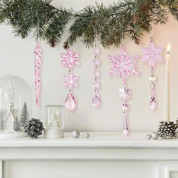 18 stycken hängande akryl kristall snöflinga iskristall prydnader, rosa