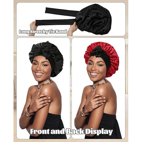 Satin Bonnet Siden Bonnet för Sovning Siden Nattmössa Dubbellager Hårmössa med Elastiskt Band för (Black+Red)