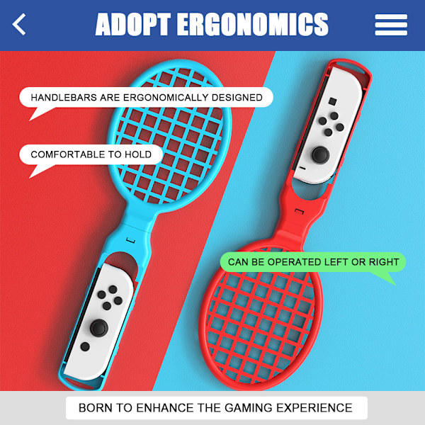 Tennis-peliraketti Nintendo Switchille, 2-pakkaus, sininen ja vihreä, L
