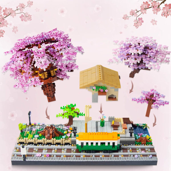 (3668 stk) Mini Byggeklosser for Japansk Kirsebærblomststasjon, Sakura Botanisk Samling for Voksne, 14+ Tenåringer U