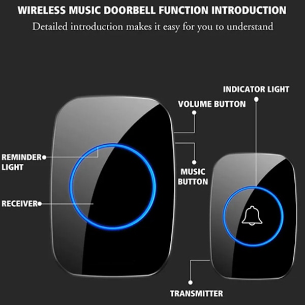 Trådlös dörrklocka med volymkontroll och lång räckvidd, svart