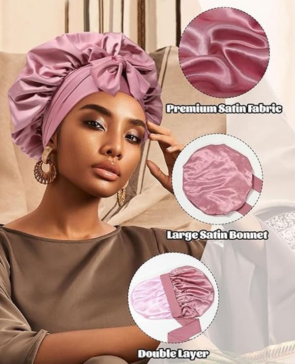 Satiini Bonnet - Silk Bonnet - Uni - Kaksoiskerros Hius Bonnet Elastisen Nauhan Kanssa (Bean Paste + Pink)