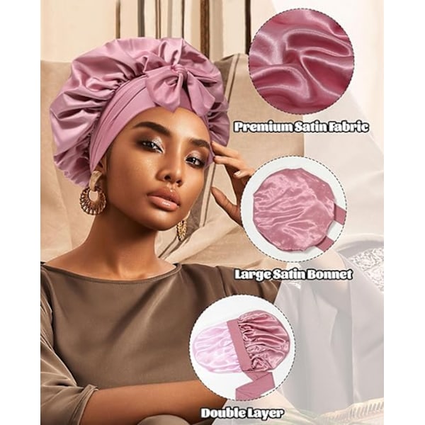 Satin Bonnet Silke Bonnet til Søvn Silke Nathætte Dobbelt Lag Hår Bonnet med Elastisk Bånd til (Bean Paste + Pink)