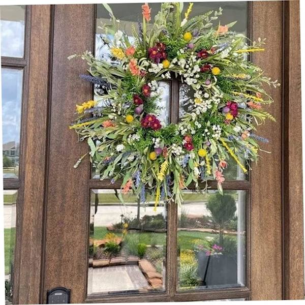 Blomsterkrans för ytterdörr vår sommar krans med små vilda blommor gröna blad dörrkrans fo