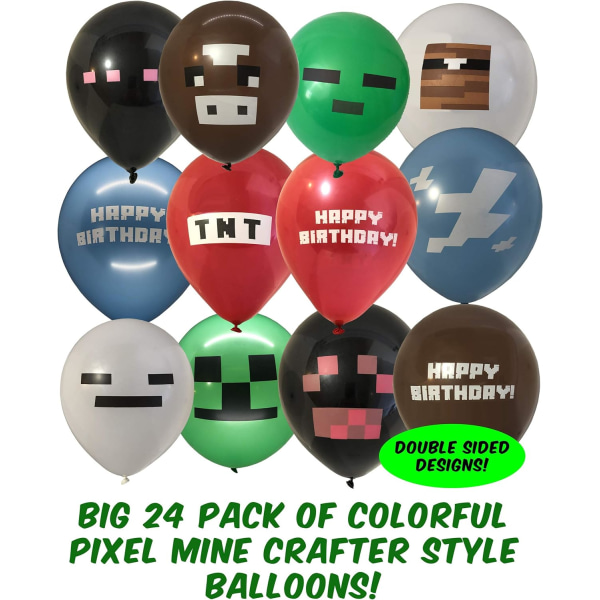 24 Pakke til Pixel Miner Crafting Style Gamer Party Balloner - Lar