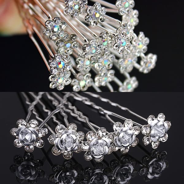 20 stk brudepinner til bryllup, U-formede diamant hårnåler, krystallblomsterformede hårnåler, hvite