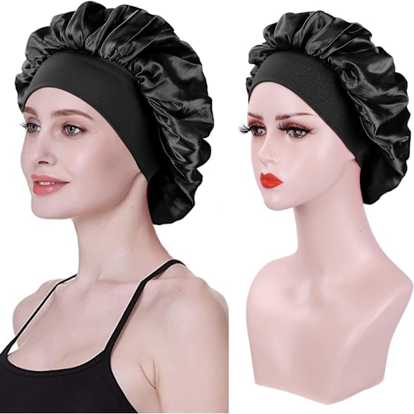 2 stycken sidenhuvor för natten, satinhuva för kvinnor, mjuk elastisk band satinhuva, siden natt (Black+Gold)
