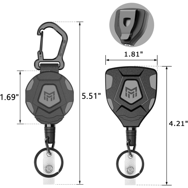 Heavy Duty Retractable Nøglering, Bælteklips og Karabinhage, 8oz Ret