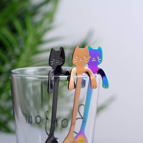 Set med 5 rostfria kattformade kaffeskedar, omrörningsskedar