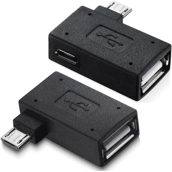 Micro USB OTG-adapter med USB laddningsport, 90 graders vänstervinklad och rigg
