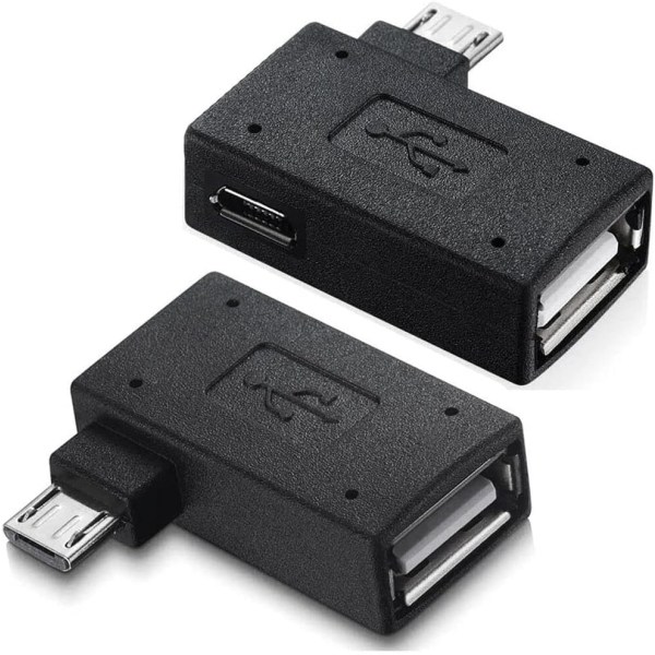 Micro USB OTG-adapter med USB-ladeport, 90 graders vinklet til venstre og rigg