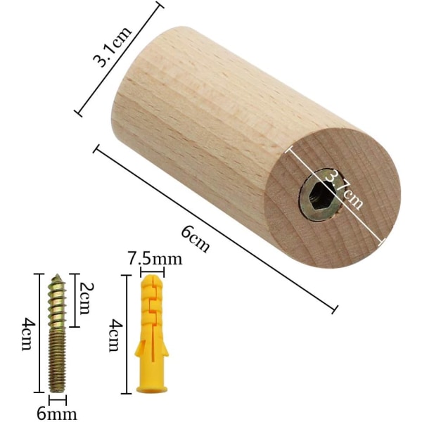 Sæt med 6 bøgehænger til væg 3x6cm Cylinder væg knagerække