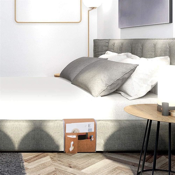 Brun nattbordslomme, sengeoppbevaringslomme, sofa-hengende pose, nattbordsoppbevaringsarrangør for telefon, fjernkontroll, avis, penn, P
