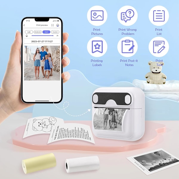 Mini Bærbar Termisk Printer, BT Trådløs Instant-Printer Uden Blæk med 6 Ruller Papir E
