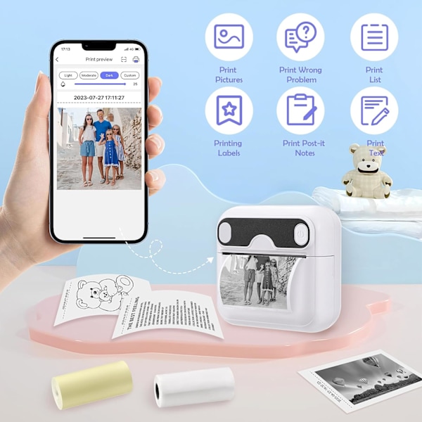 Mini Kannettava Lämpötulostin, BT Langaton Värittömät Pikatulostimet Bluetoothilla ja 6 Rullalla Paperia E