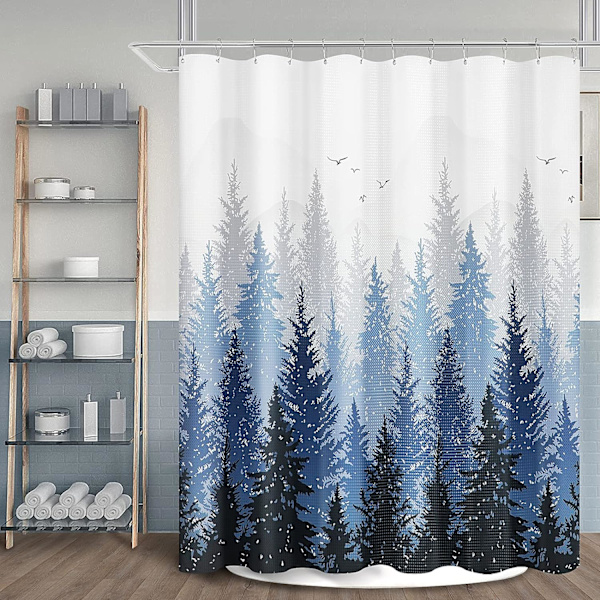 (165*180CM) Blå Misty Forest Mountain Naturlig Træ Polyester Bruseforhæng til Badeværelse